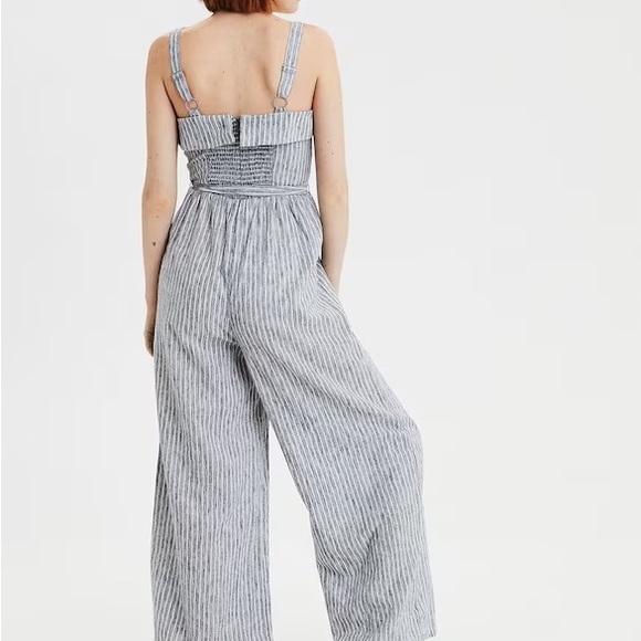 American Eagle Women Grey Tie Waist Striped Jumpsuit - Picture 2 of 4